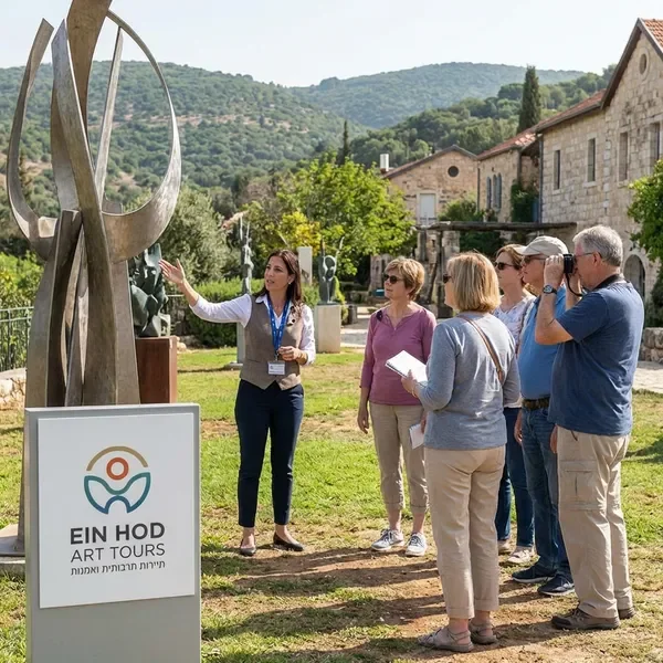 סיור מודרך בכפר אמנים עין הוד - מדריכה מקצועית מסבירה על פסלים